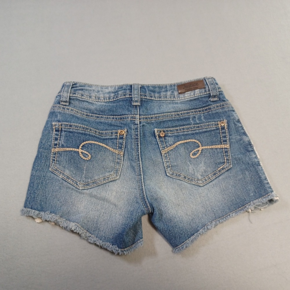 Justice Premium Girls Denim Shorts Size 12S Blue Crochet Lace Side Frayed Hem